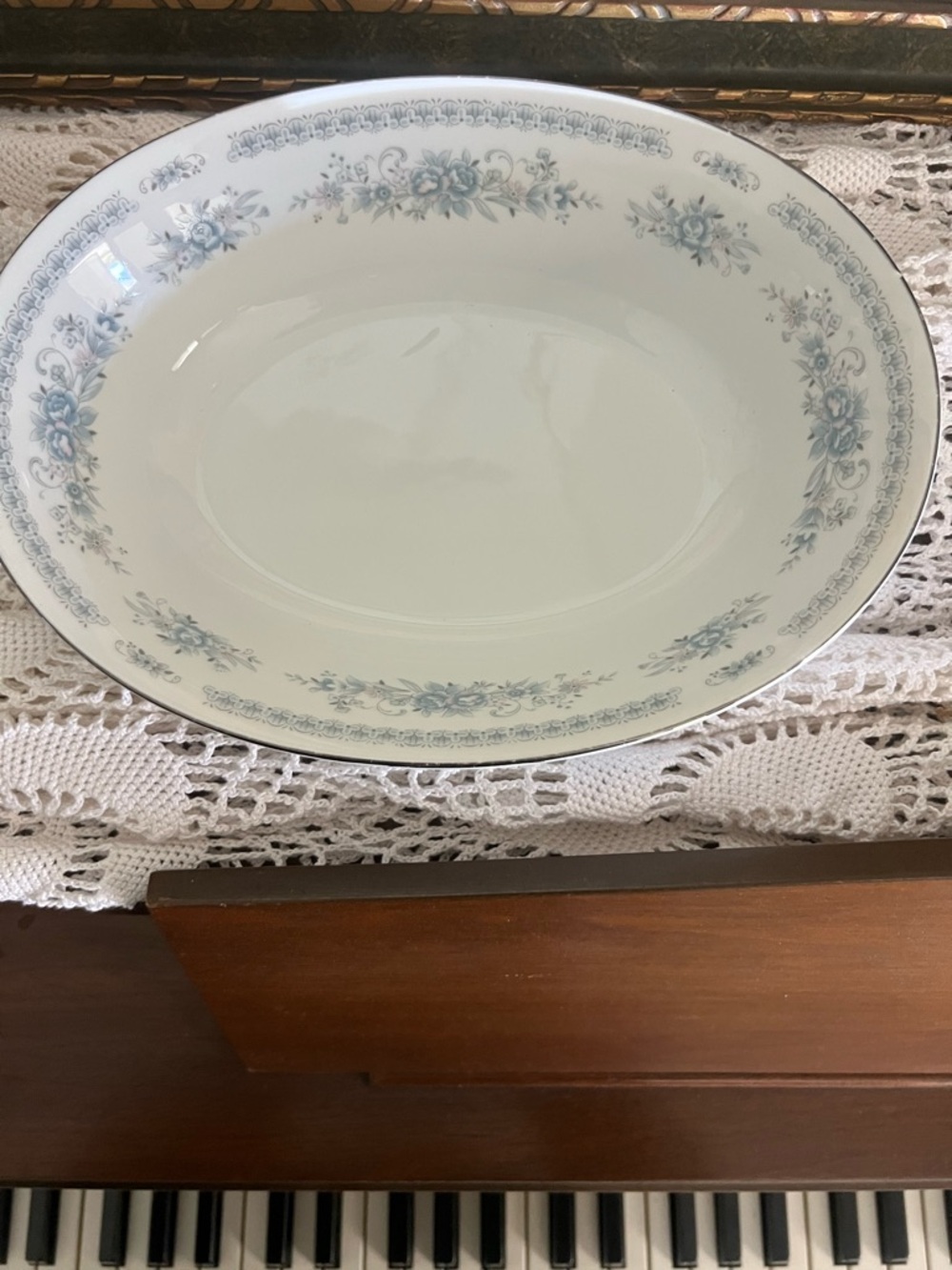Vintage Floral Oval Serving Bowl - Light Blue